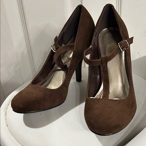 Brown Suede Women's T-Strap Heels